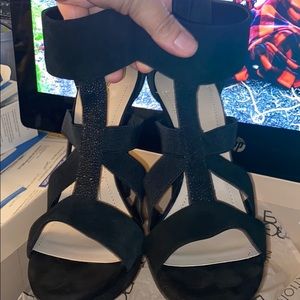 Mixed fabric suede heels